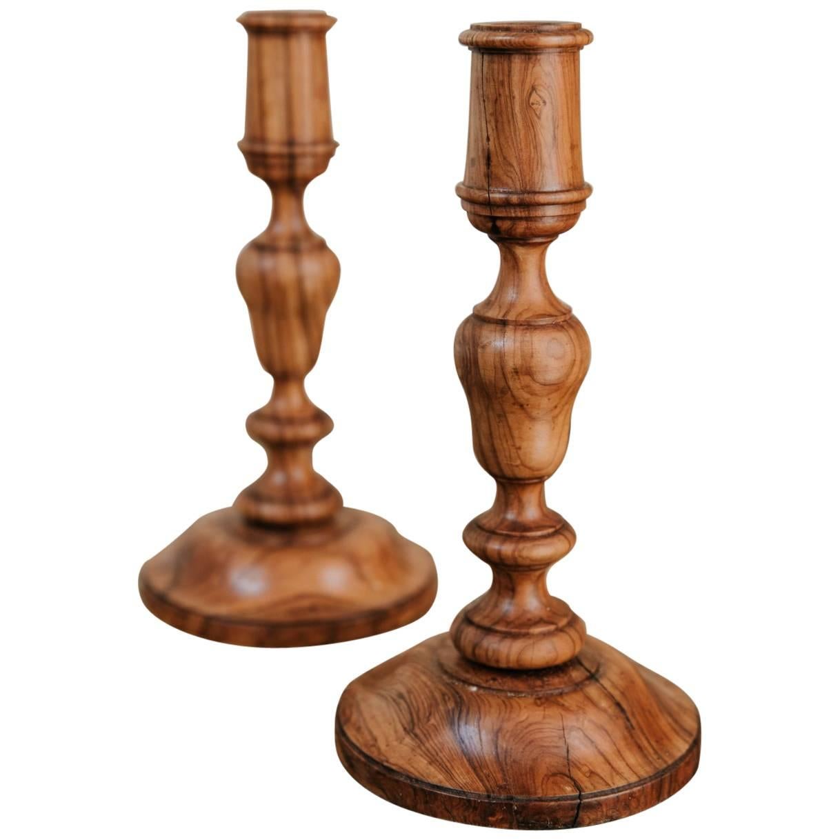 Pair of 19th Century Olivewood Candlesticks For Sale