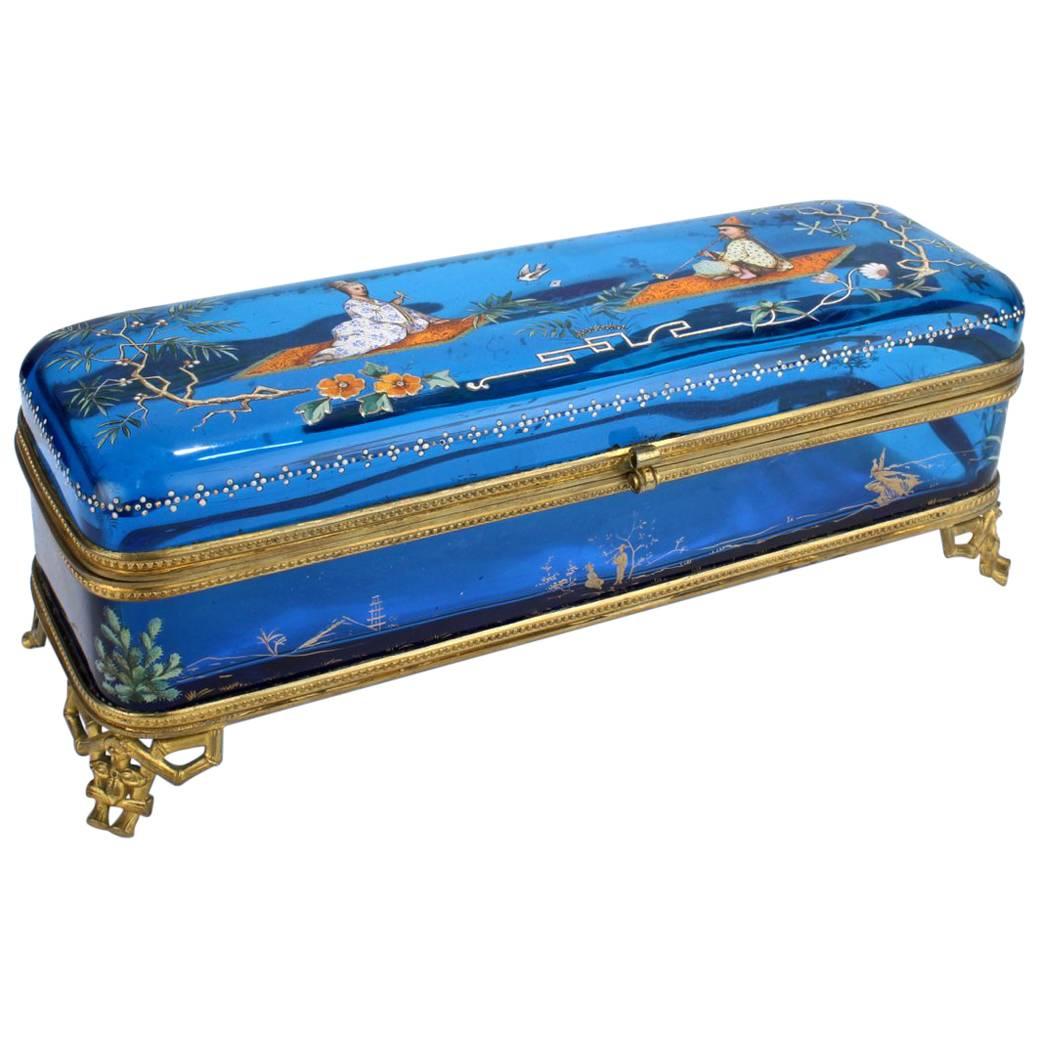Large Japonisme Moser-Type Bronze Mounted & Enameled Blue Glass Casket Box For Sale