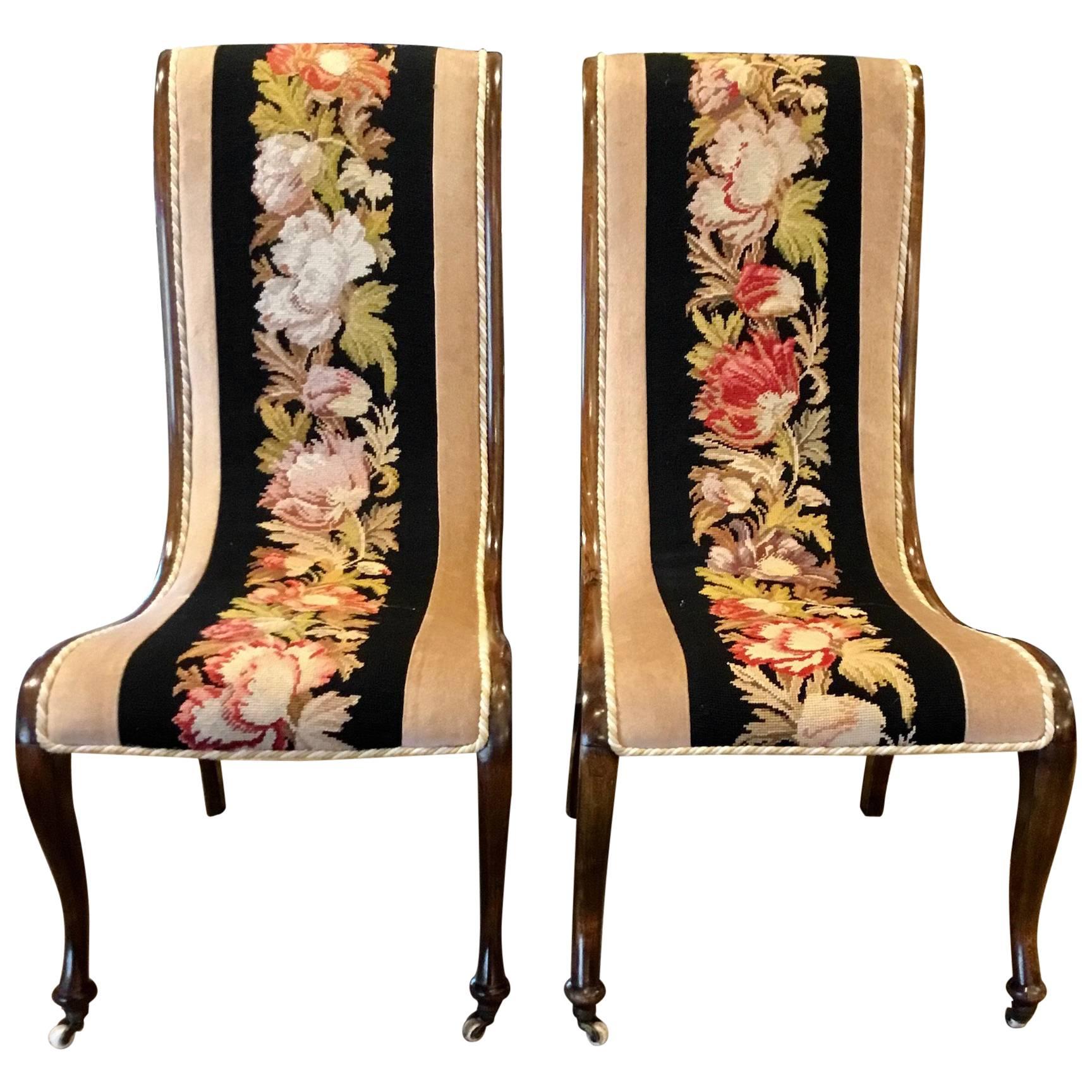 Pair of Napoleon III Needlepoint Slipper Chairs