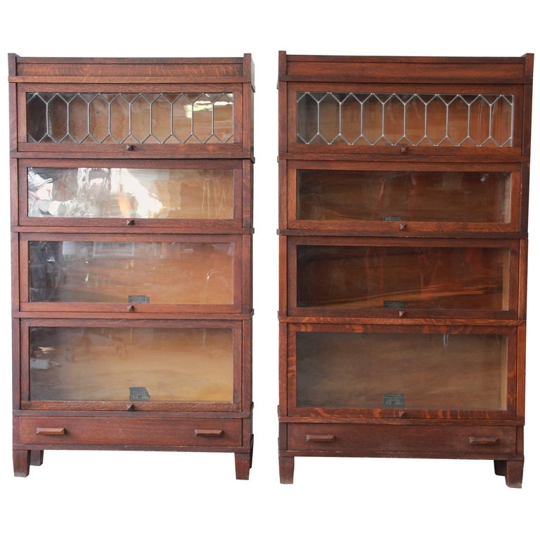 Antique Oak Barrister Bookcases With Leaded Glass Doors By