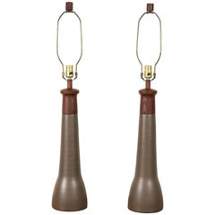Pair of Teak and Ceramic Lamps by Martz