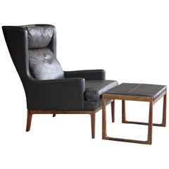 Rudolf B. Glatzel Wingback Chair with Ottoman Dark Espresso Leather and Rosewood 7