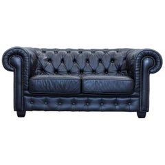 Chesterfield Sofa Black Leather Two-Seat Couch Vintage Vintage