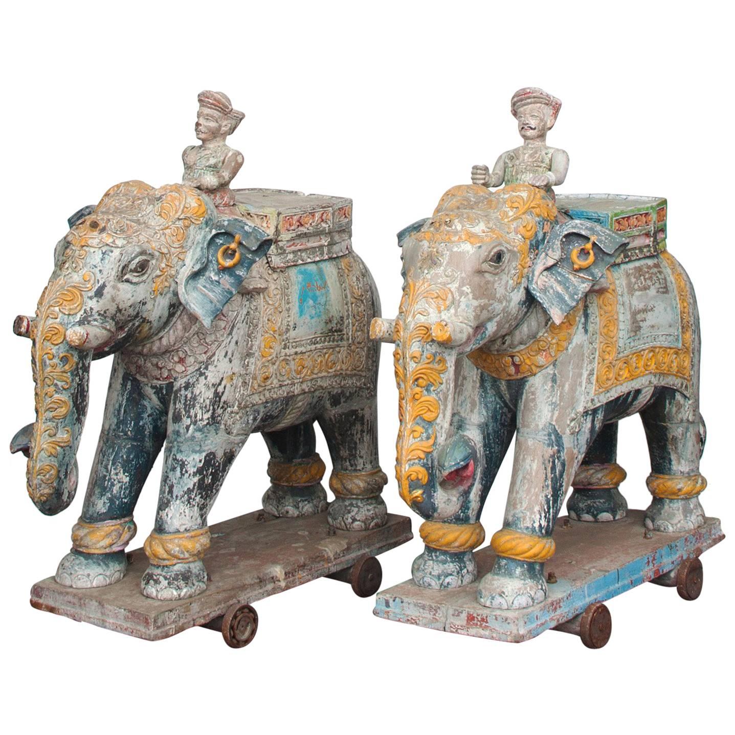 Set of Two Wooden Painted 19th Century Elephants, India