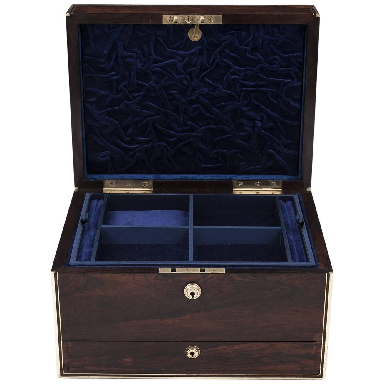 Rosewood Brass Bound Jewelry Box with Campaign Carry Handles, 19th Century