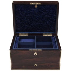 Antique Rosewood Brass Bound Jewelry Box with Campaign Carry Handles, 19th Century