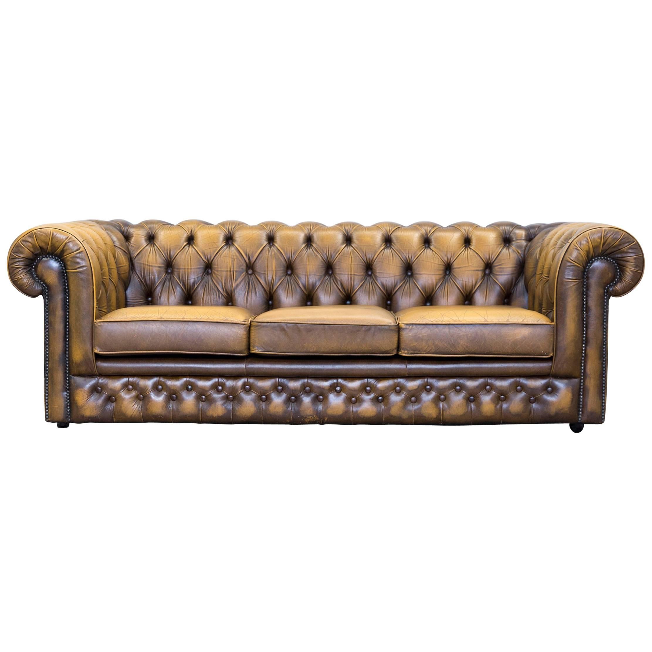 Thomas Lloyd Chesterfield Leather Sofa Ocre Brown Three-Seat Couch Retro Vintage