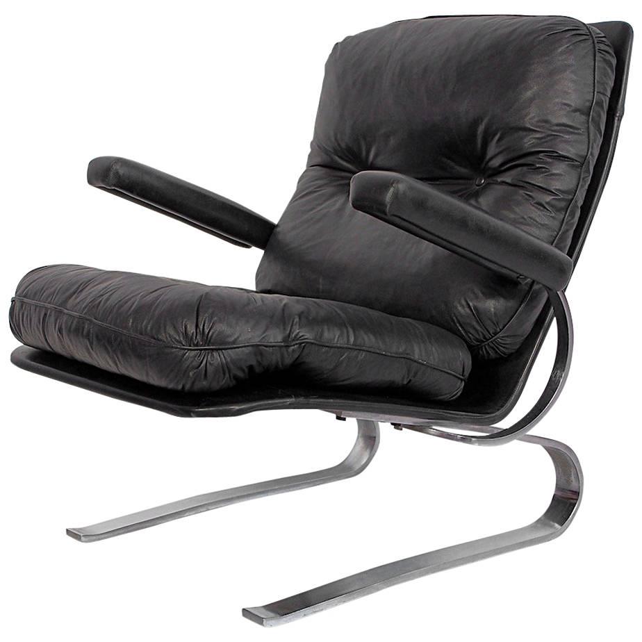Mid-Century Black Leather and Chrome Steel Armchair