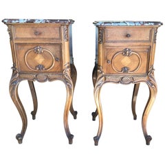 Pair of Beautiful Antique French Carved Wood and Marble Nightstands