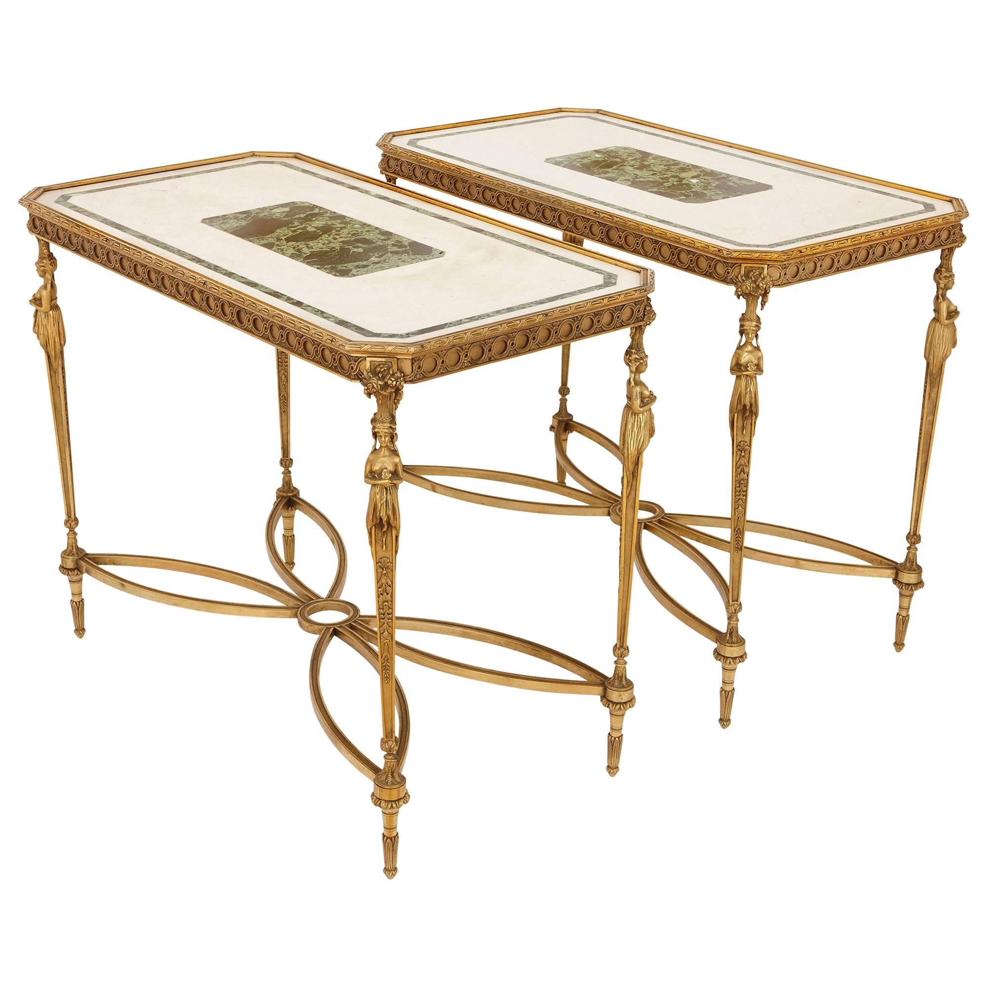 Pair of Gilt Bronze-Mounted Neoclassical Style Centre Tables with Marble Tops