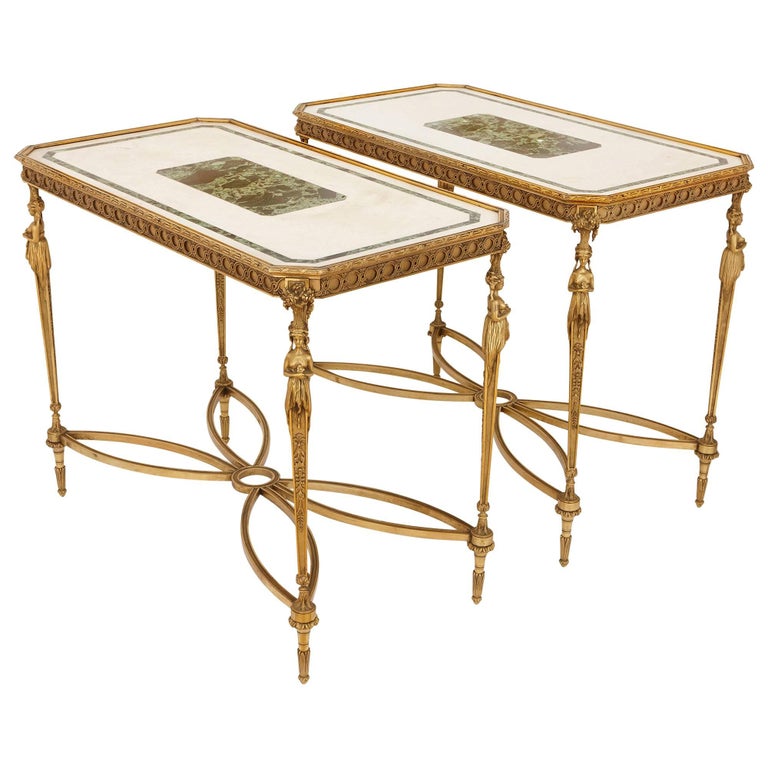 Pair of Gilt Bronze-Mounted Neoclassical Style Centre Tables with Marble Tops For Sale