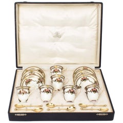 Antique Royal Worcester Coffee Set & Silver gilt spoons x 6 Cased 1915
