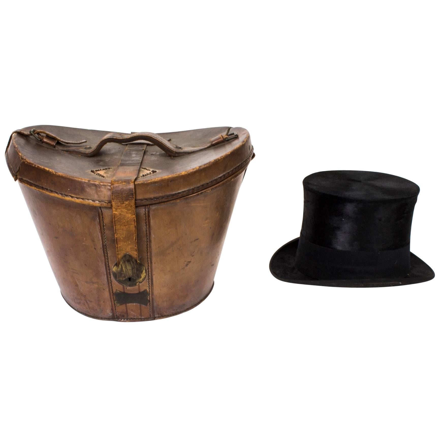 19th Century Black Silk Top Hat in Leather Case W. MacQueen