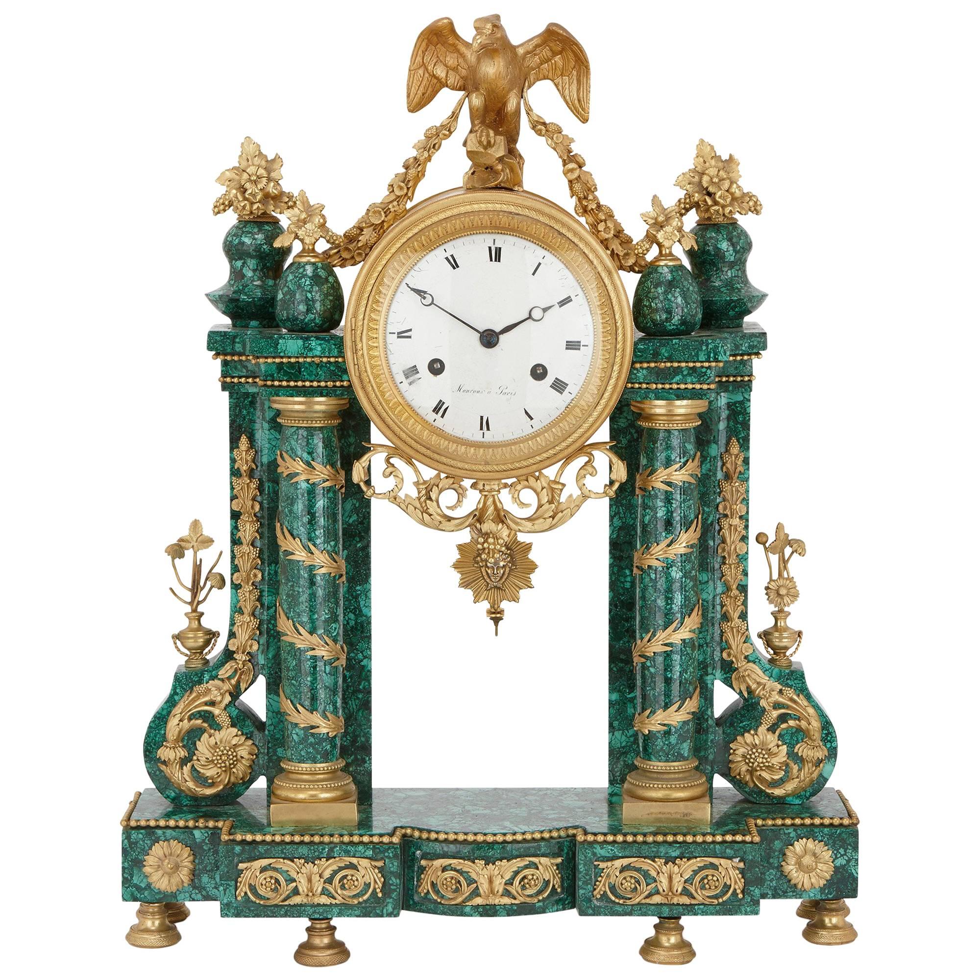 Gilt Bronze Mounted Antique Malachite Mantel Clock from the Louis XVI Period