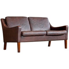 Børge Mogensen Style Loveseat in Brown Leather Danish Mid-Century 2