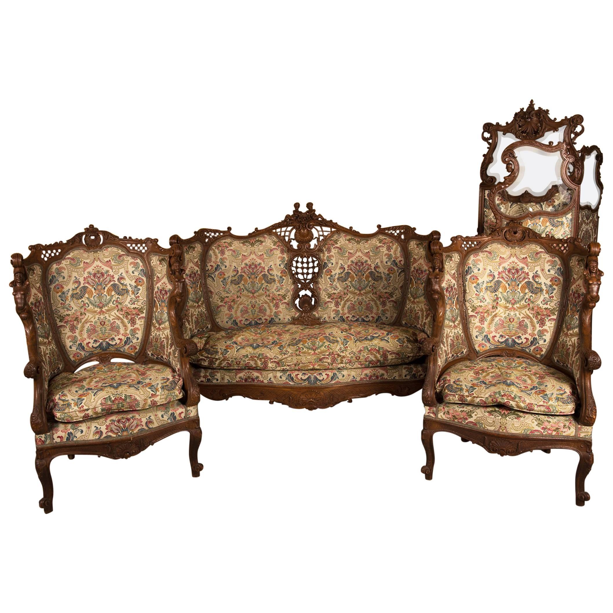 Salon Suite in Sculpted Oak with Matching Screen, Baroque Style Belgium For Sale