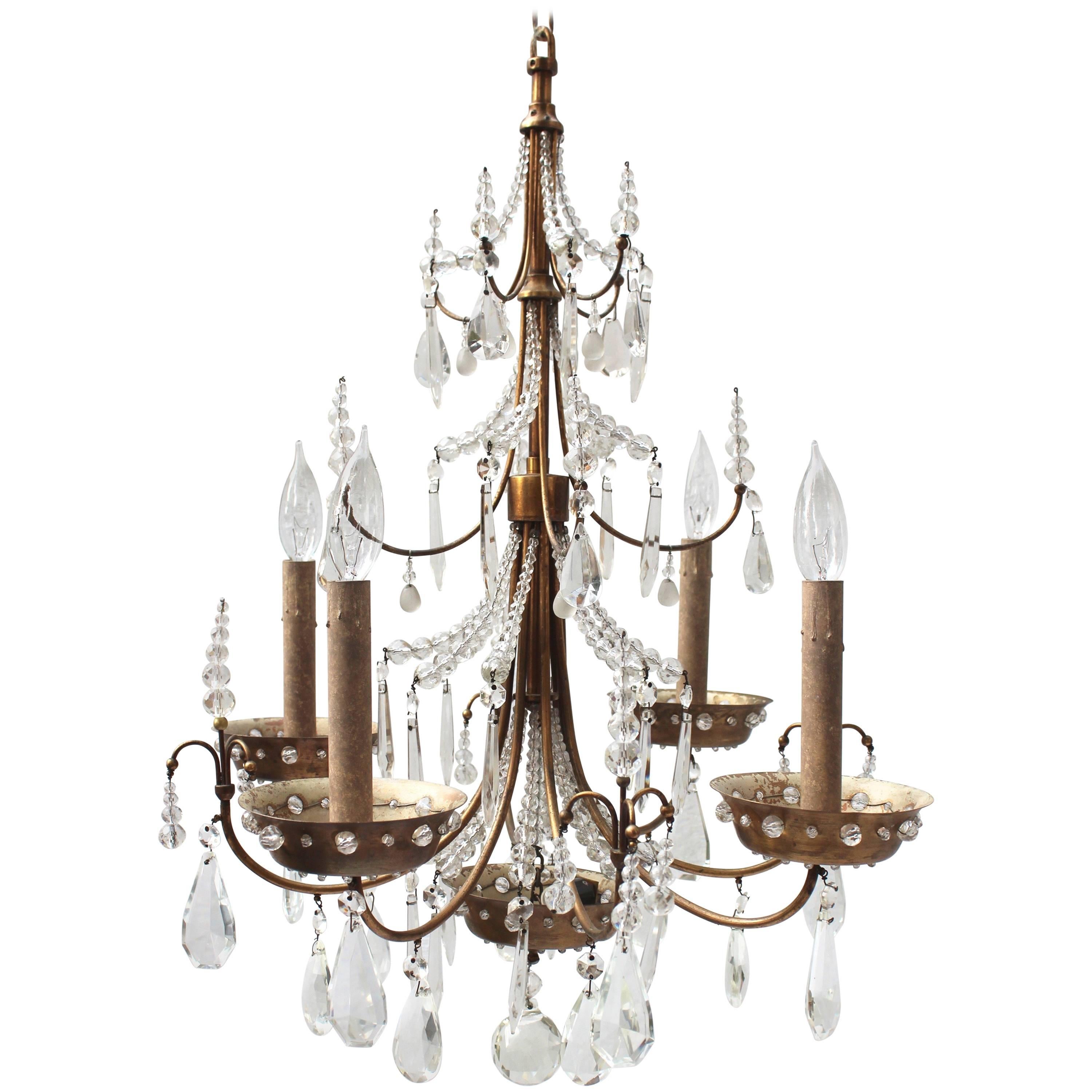 Maison Jansen Four-Arm Brass and Crystal Chandelier For Sale