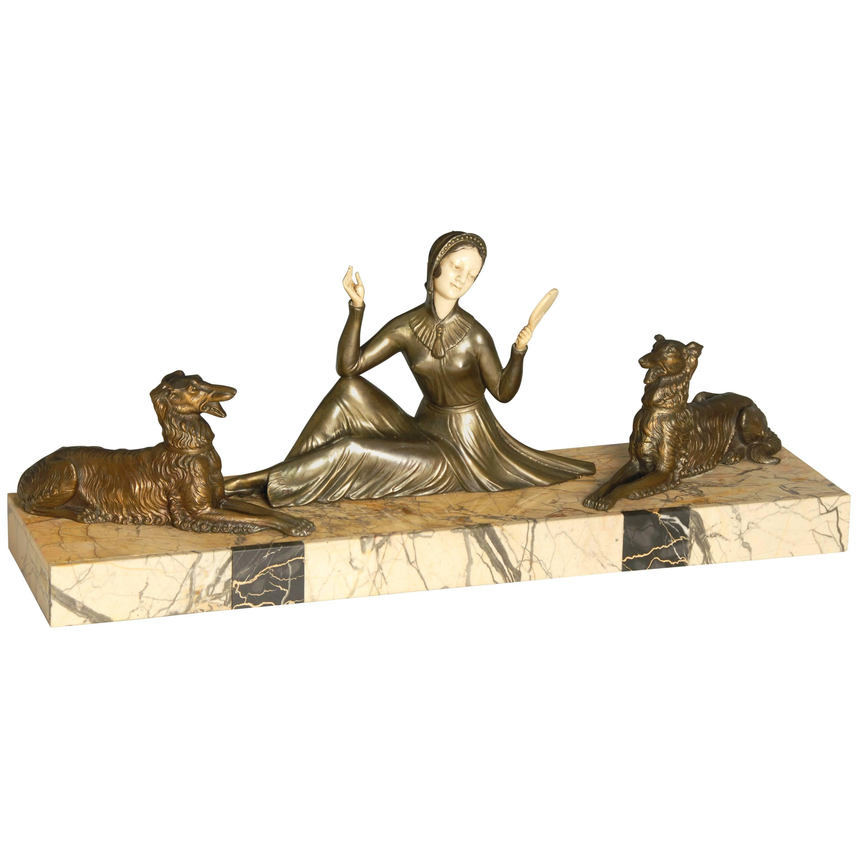 Art Deco Sculpture / Centrepiece of a Female Figure with Two Dogs For Sale