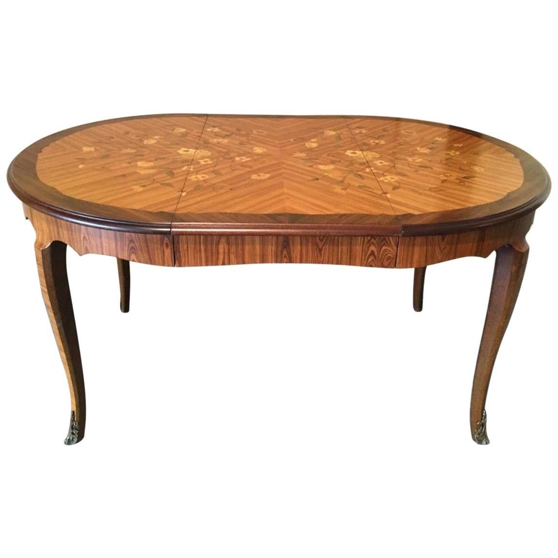 Superb French Oval or Round Mixed Wood Floral Inlay Dining Table
