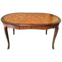 Antique Superb French Oval or Round Mixed Wood Floral Inlay Dining Table