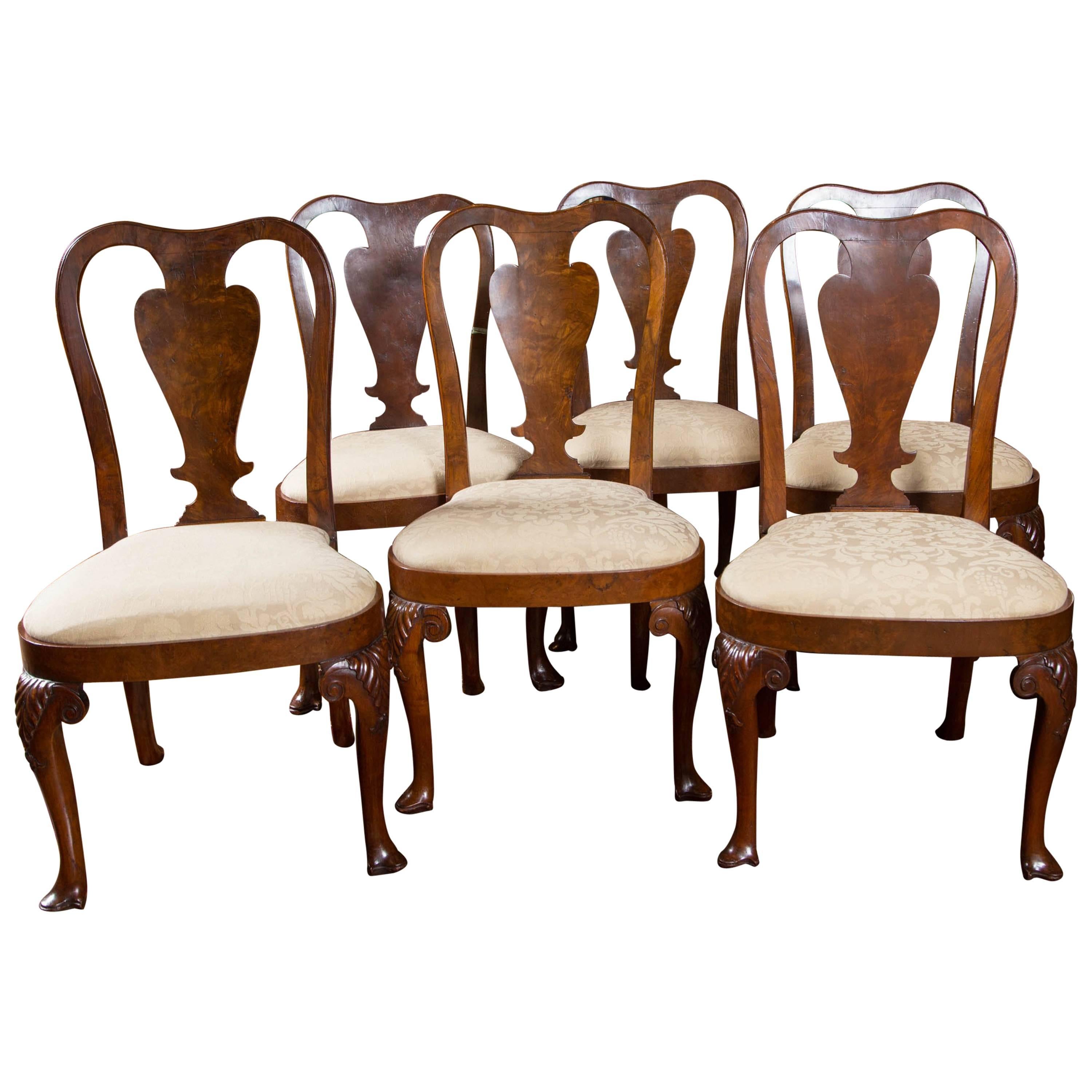 Rare Set of Six George II Figured Walnut Dining Chairs