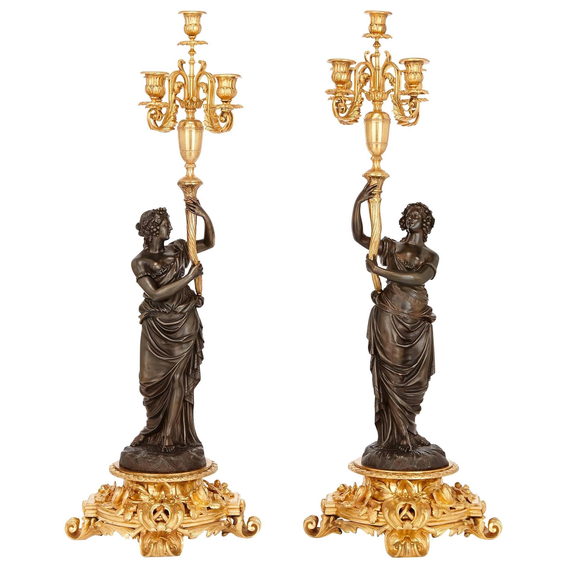 Pair of Large Neoclassical Style Gilt and Patinated Bronze Candelabra by Picard