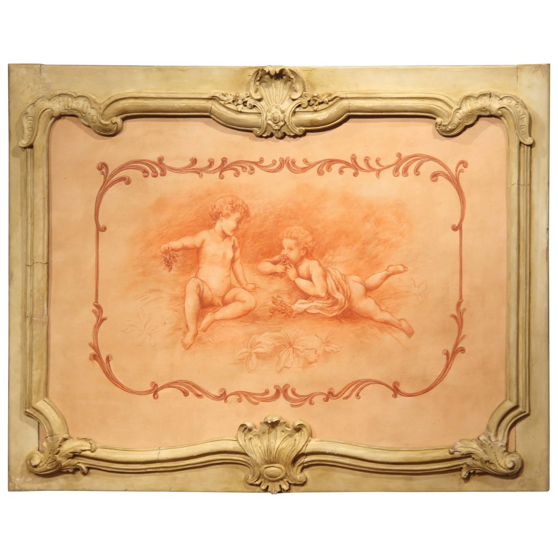 19th Century French Carved Painted Wood Panel Frame with Cherubs Eating Grapes