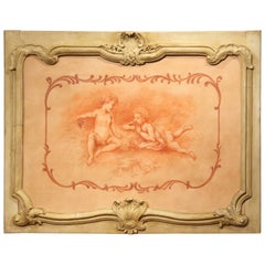 19th Century French Carved Painted Wood Panel Frame with Cherubs Eating Grapes