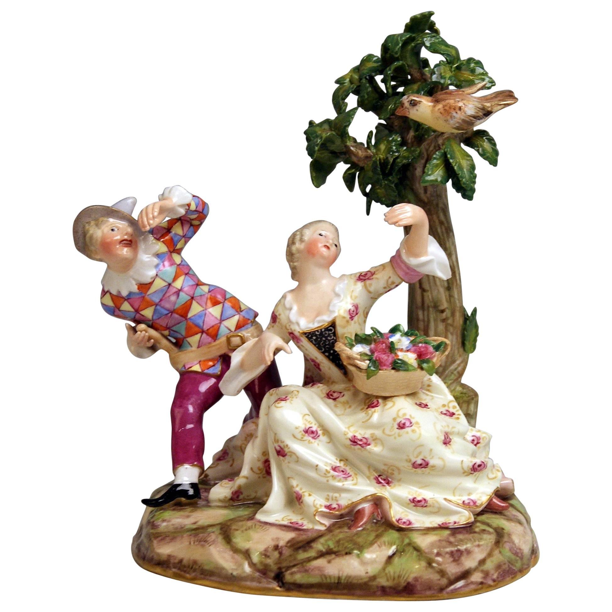 Meissen Harlequin and Girl Figurines Model 782 Kaendler Made circa 1840 For Sale