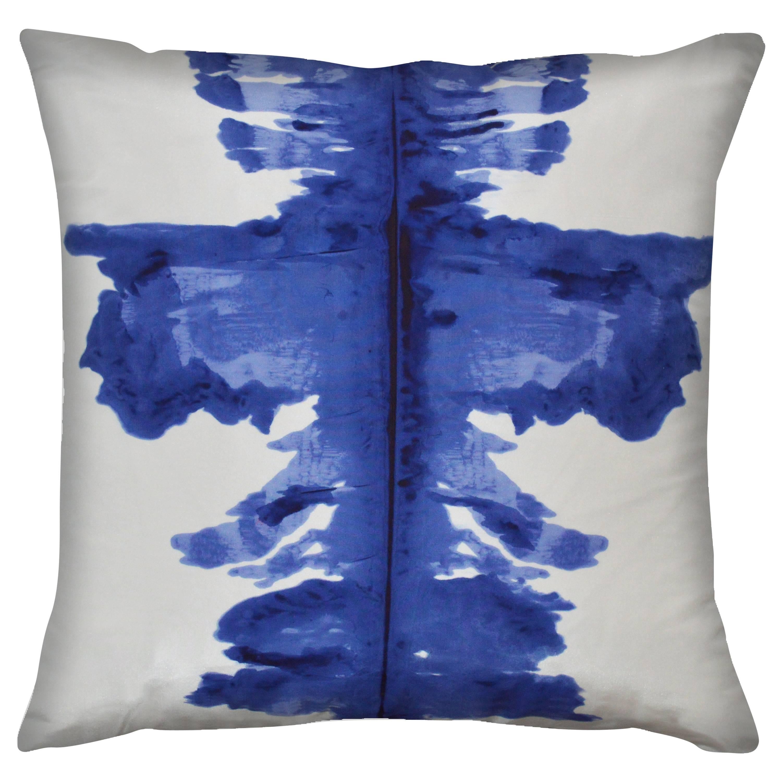 Unique Contemporary Double Sided Ink Blot in Ultramarine Handmade Silk Pillow For Sale