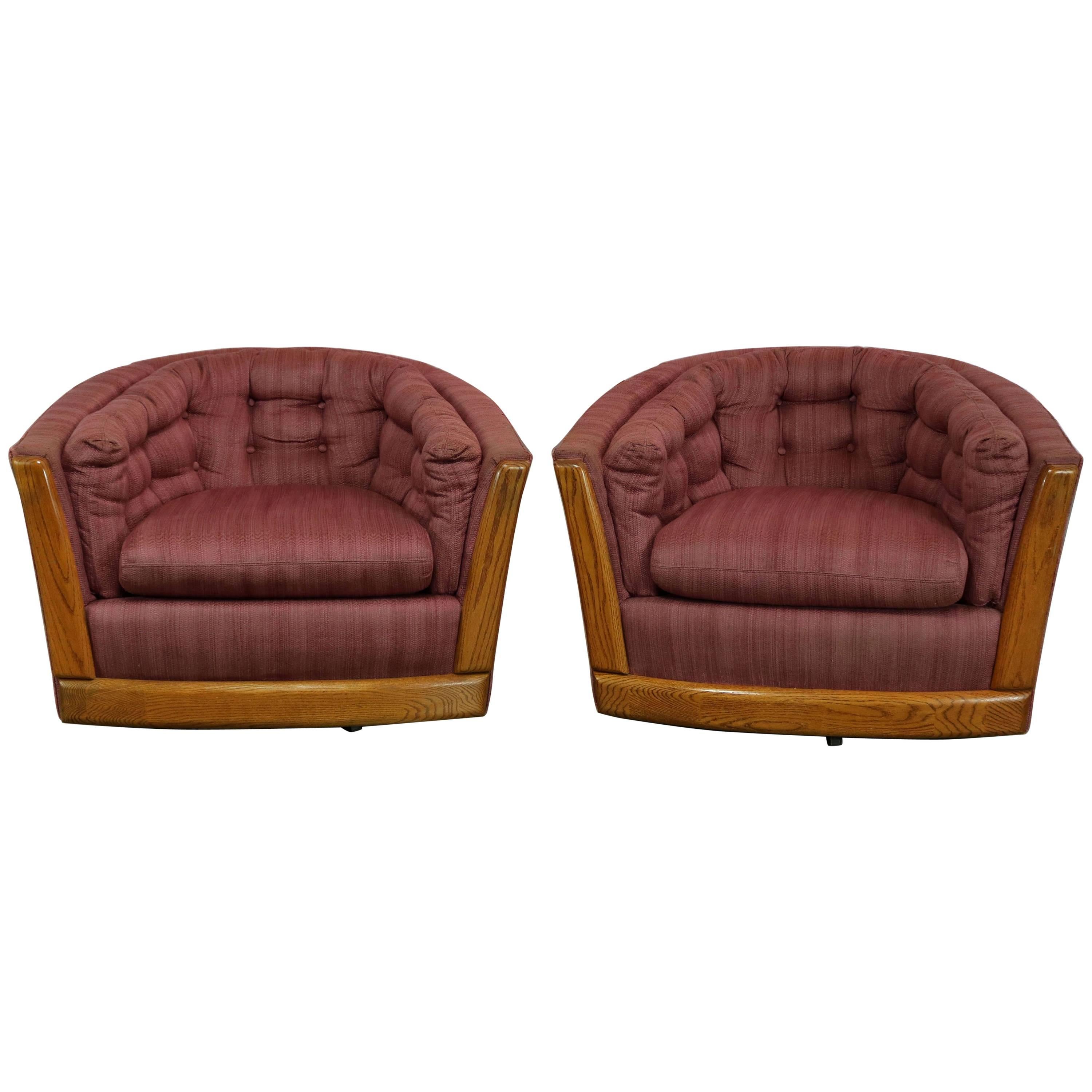 Pair Swivel Barrel Chairs with Oak Trim Style of Milo Baughman or Harvey Probber