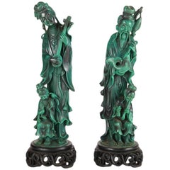 Pair of Antique Chinese Carved Jade Figural Sculptures, Woman and Fisherman