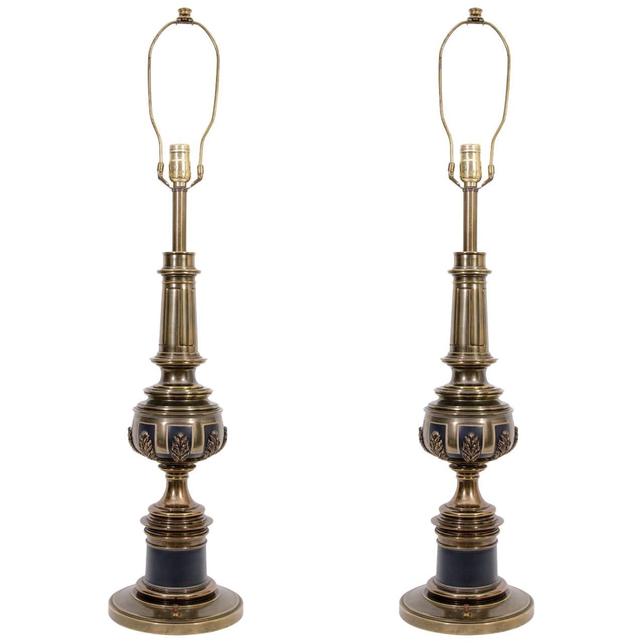 Brass and Black Enamel Table Lamps by Stiffle, Pair