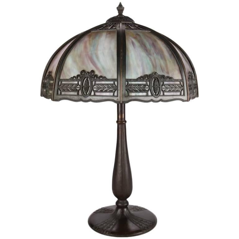 Anitque Arts & Crafts Bradley & Hubbard School Slag Glass Table Lamp, c1920