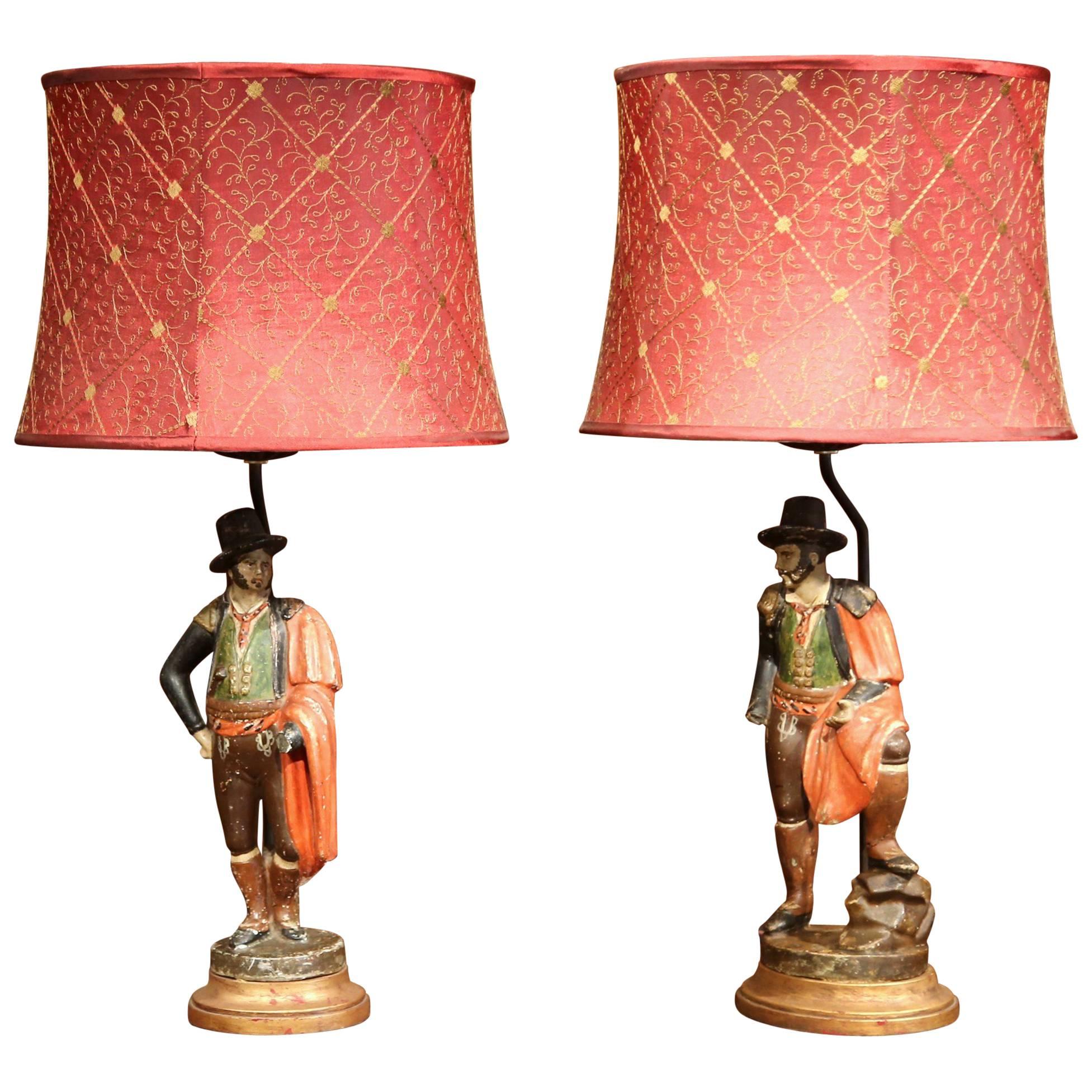 Pair of 19th Century Spanish Carved Polychrome Matadors Sculpture Table Lamps