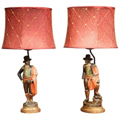 Pair of 19th Century Spanish Carved Polychrome Matadors Sculpture Table Lamps