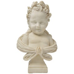 Antique White Marble Statue : Smiling Little Girl Sculpture