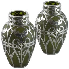 Art Nouveau pair of Loetz 'Olympia' Silver Overlay Vases