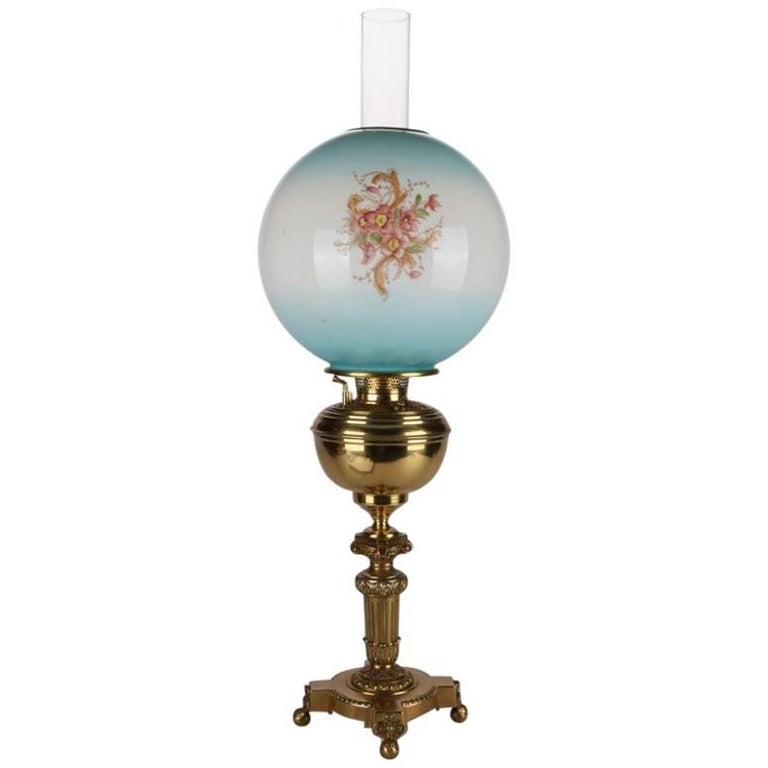 Antique Brass Gone with the Wind Table Lamp with HandPainted Globe at