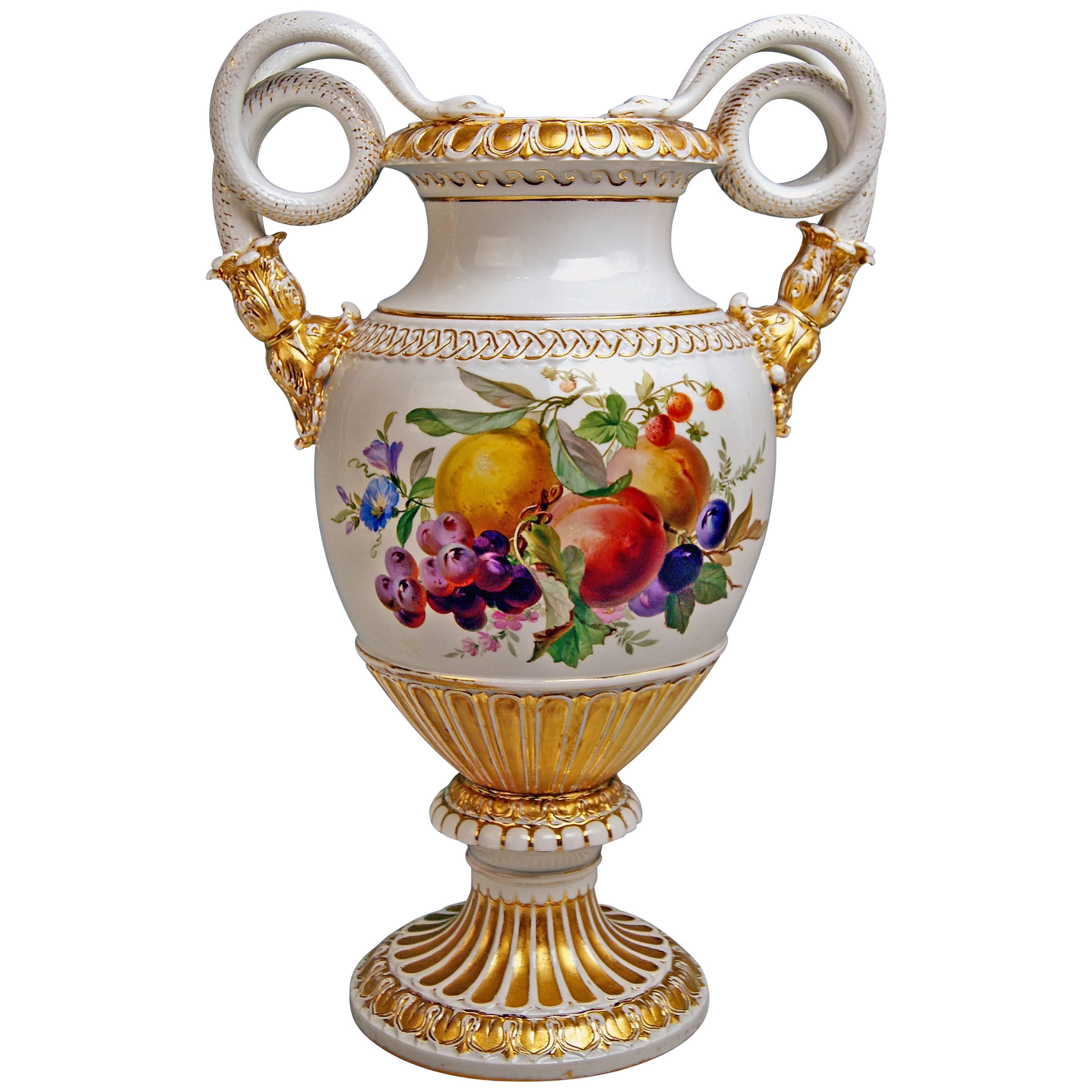 Meissen Snake Handles Vase Flowers Fruits A 148 Made 1870