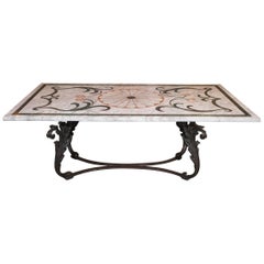 Fabulous Antique Italian Mosaic Marble Table on French Iron Table Base