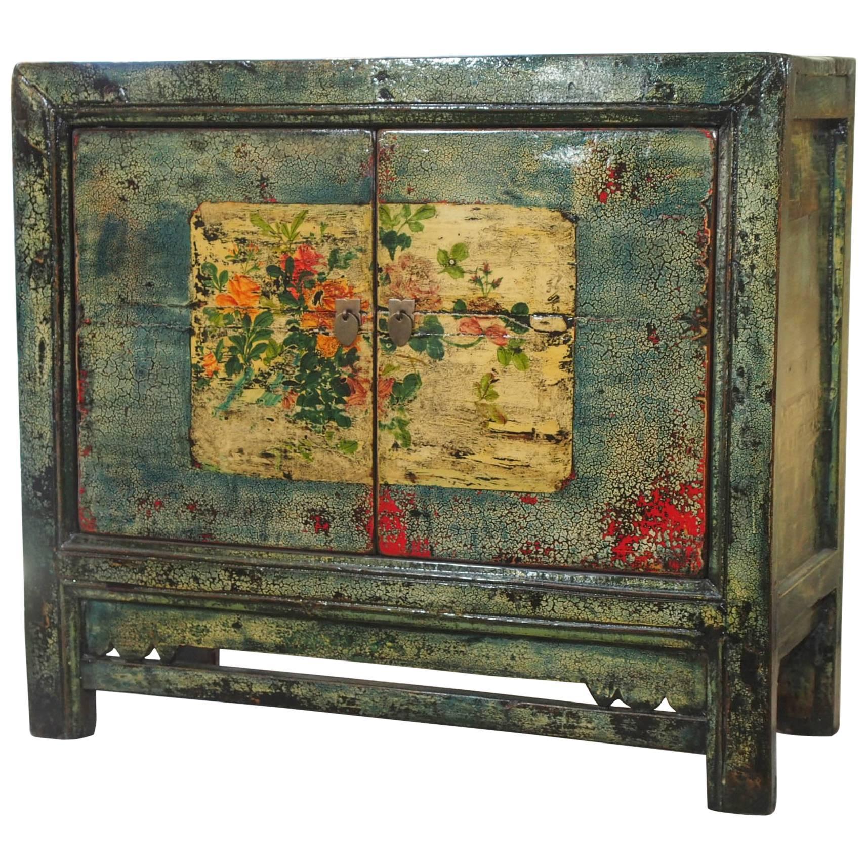 Antique Chinese Two-Door Blue/Green Lacquer Cabinet, circa 1915