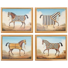 Set of Four Oil on Canvas Race Horse Paintings