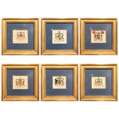 Set of Six English Family Hand-Painted Coat of Arms Etchings, Square Gilt Frame