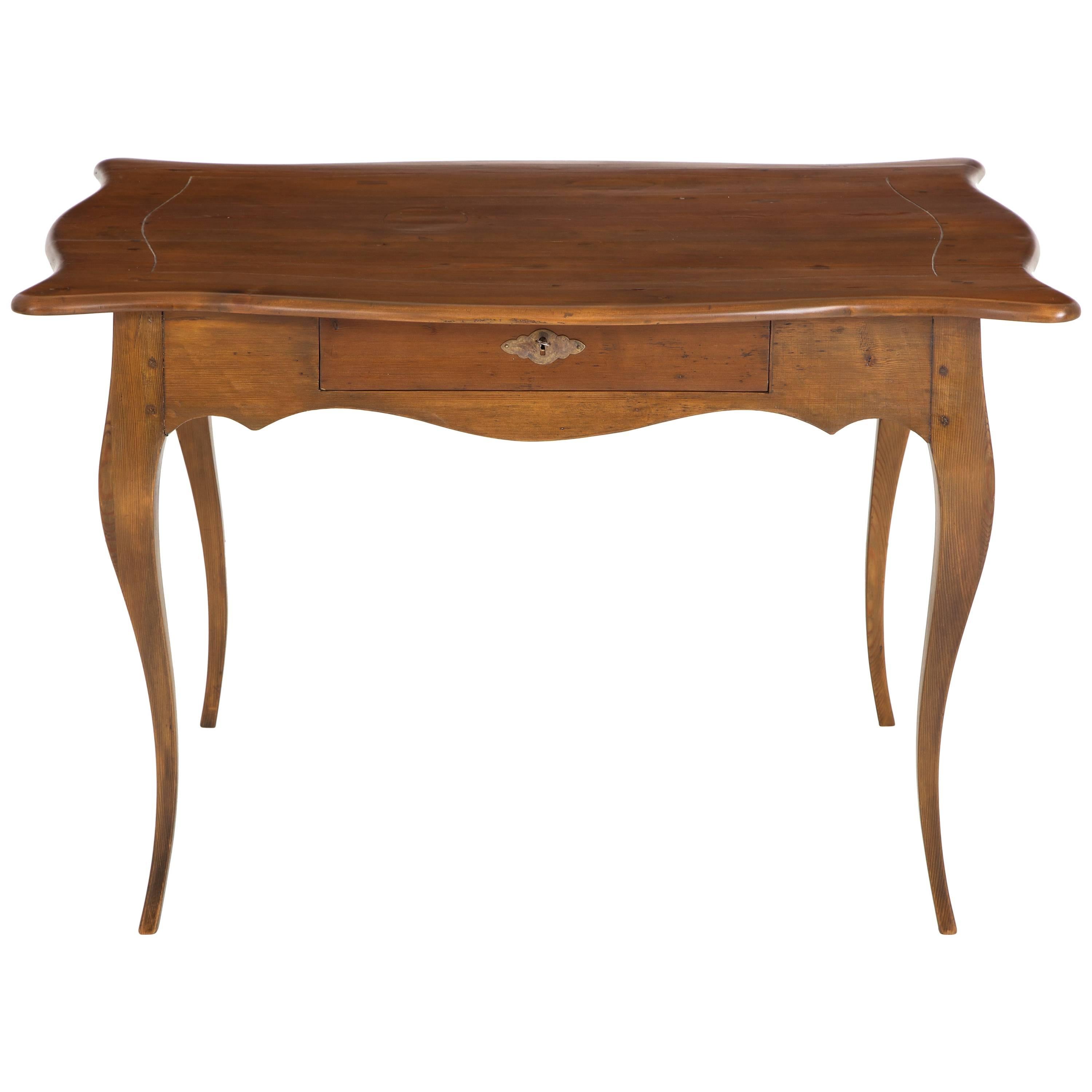 Rococo Pine Table or Desk with Single Drawer, Scalloped Apron and Cabriole Legs