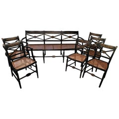 Set of American Hand-Painted Caned Furniture, Bench and Six Chairs, circa 1815