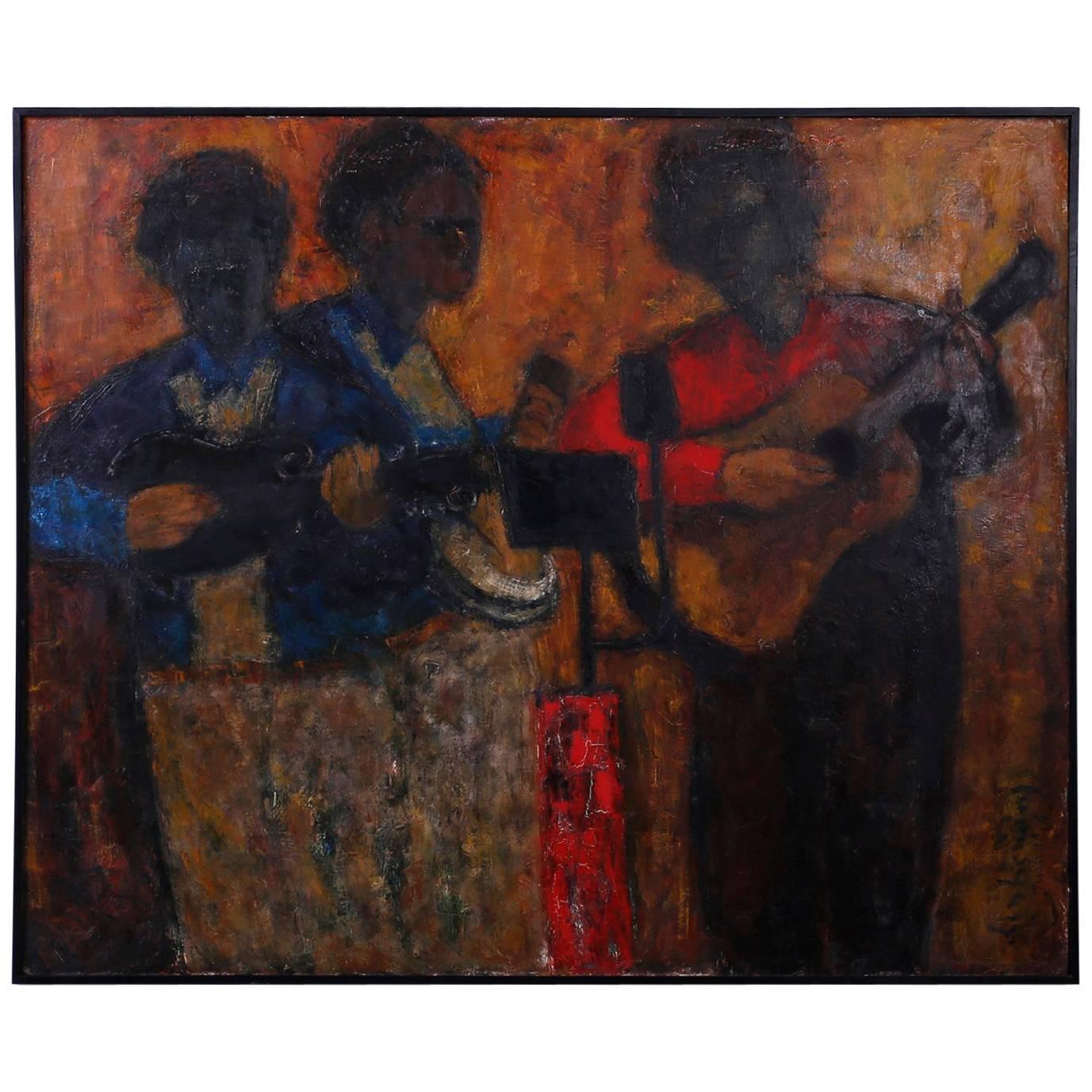 Mid-Century Impressionist Acrylic Painting on Canvas of Musicians For Sale