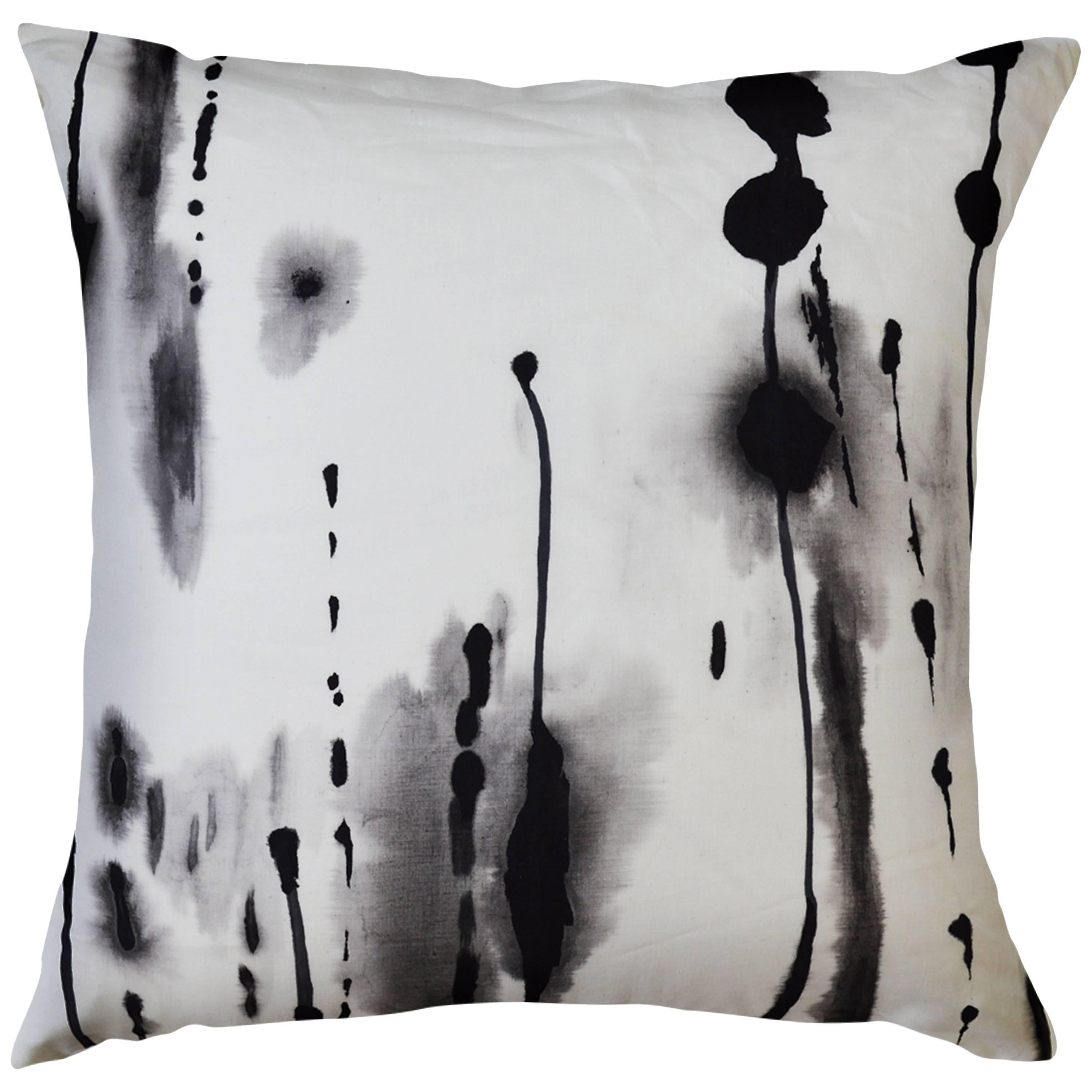 Ink, Contemporary One-of-a-Kind Black and White Ink Drips Handmade Linen Pillow For Sale