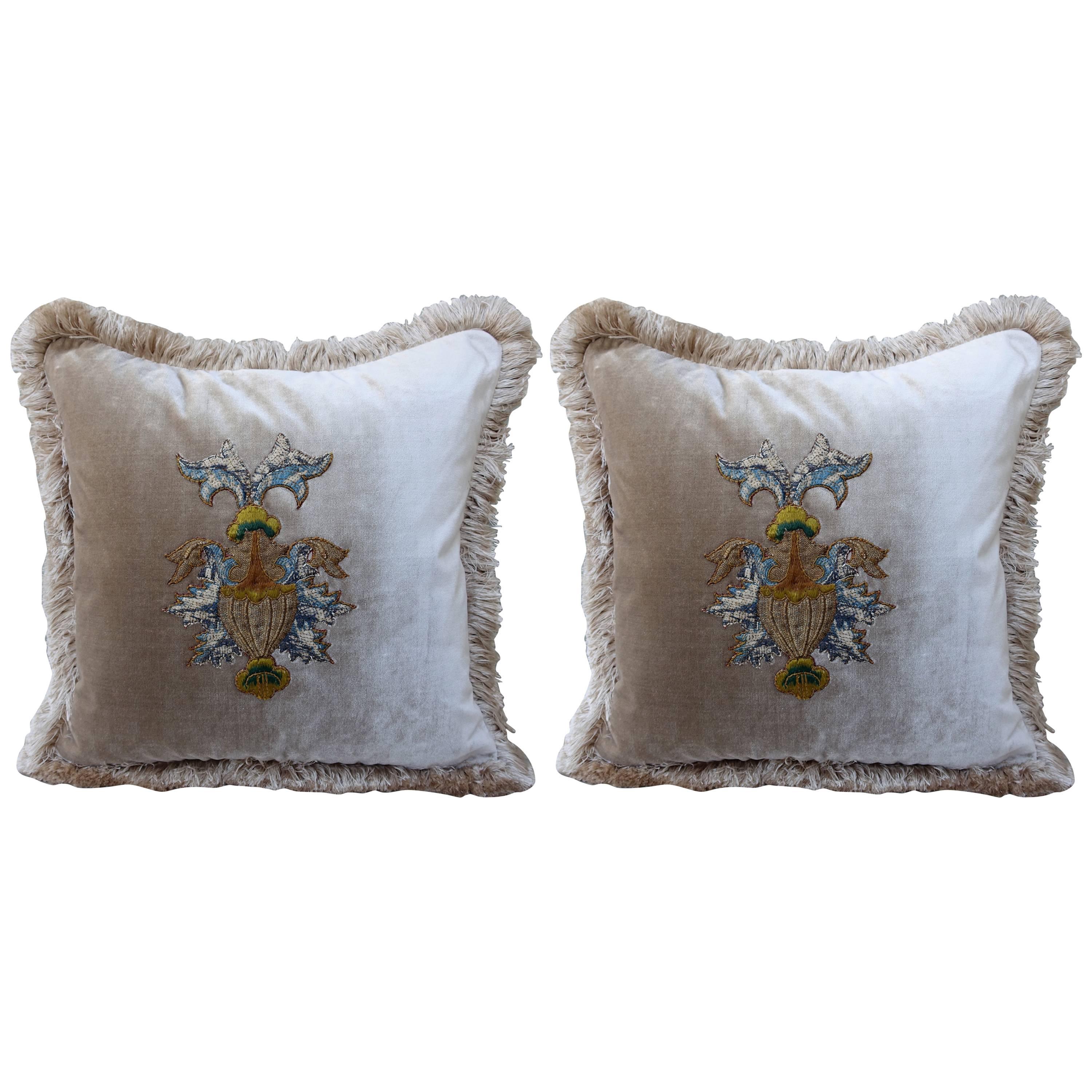 18th Century Urn Applique Silk Velvet Pillows, Pair