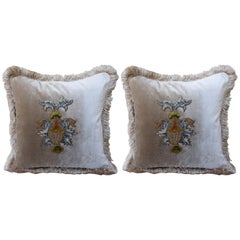 18th Century Urn Applique Silk Velvet Pillows, Pair